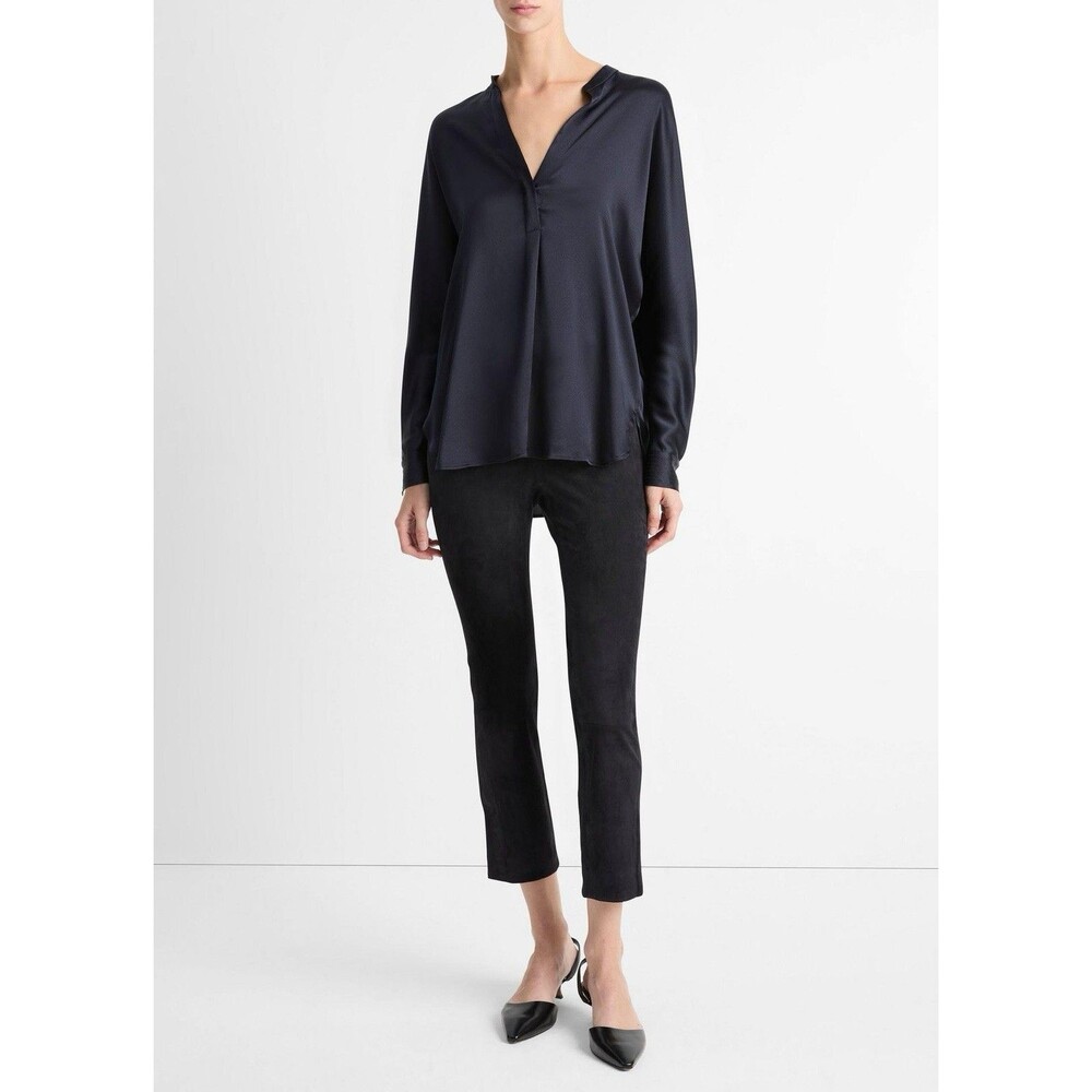 Vince Women’s Sz Medium Black 100% Silk Satin Band-Collar Blouse Elevated Basic